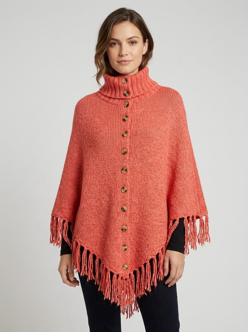 BCBGMAXAZRIA Women’s Merino Wool Knit Fringe Button Front Turtleneck Poncho